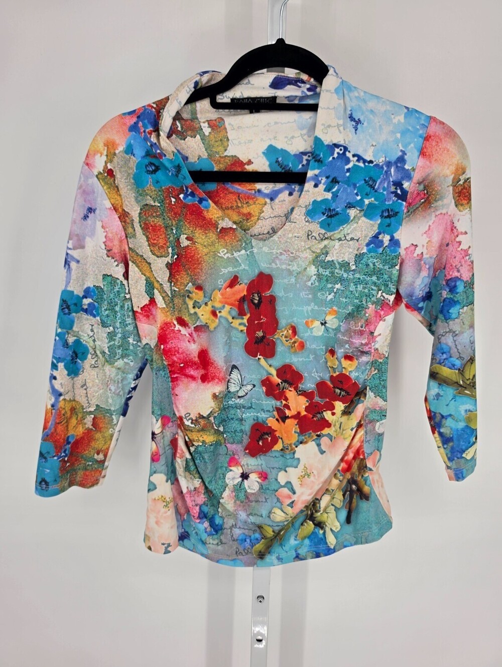 Y2K Boho Chic Womens Sz M 3/4 Sleeve Blouse V Neck Floral Script Print Colorful